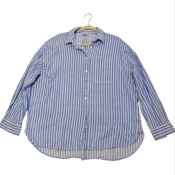 Stradivarius Oversized Cotton Blue and White Striped Button Down Shirt Sz L - Picture 1 of 6